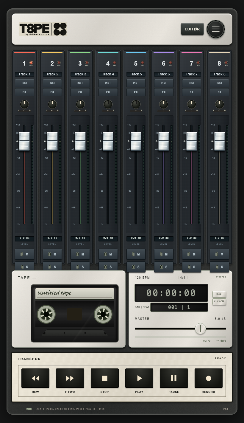 T8PE's eight-channel mixer, cassette display and recording transport